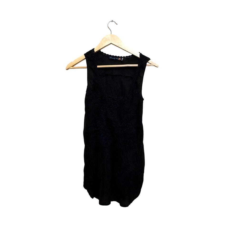 Johnny Was Black Rayon Embroidered Floral Tank Top Crochet Trim S Made in USA
